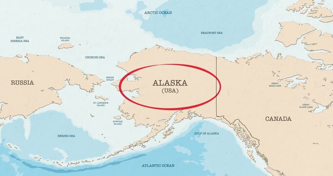 Motion graphic video of a red circle marking to alaska territory of the united states of america on a vintage political map