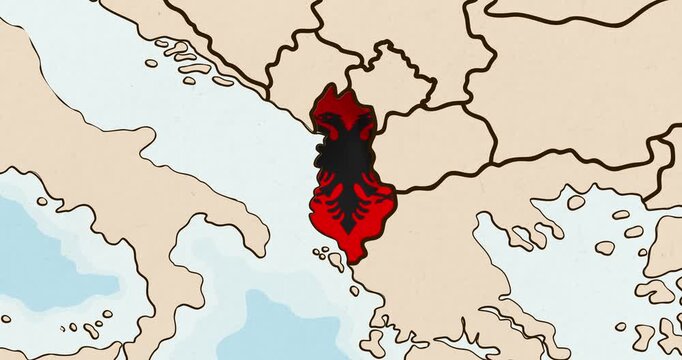 Motion graphic video of the albania flag waving inside the country on a world map