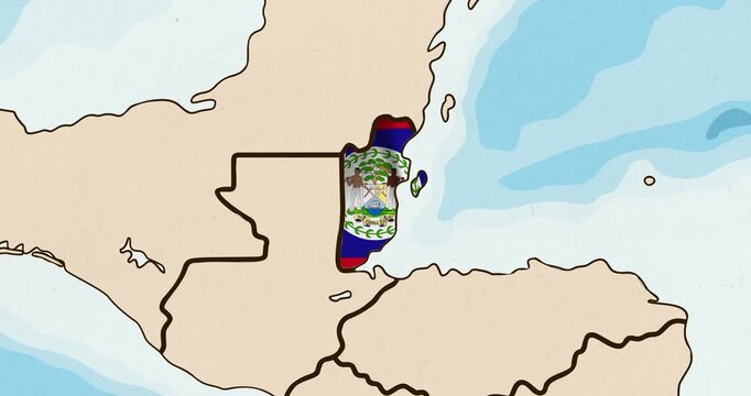 Motion graphic video of the belize flag waving inside the country on a world map