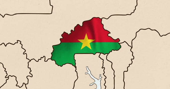 Motion graphic video of the burkina faso flag waving inside the country on a world map
