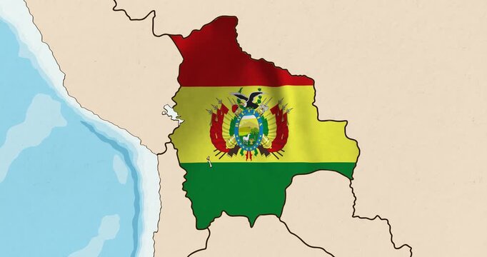 Motion graphic video of the bolivia flag waving inside the country on a world map
