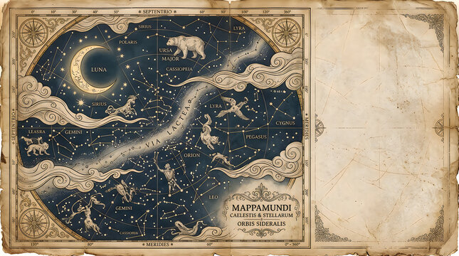 Vintage astronomical star map with constellations and celestial bodies illustration