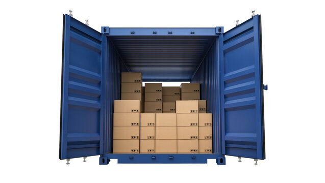 Isolated blue open shipping container filled with cardboard boxes for global cargo and logistics transport