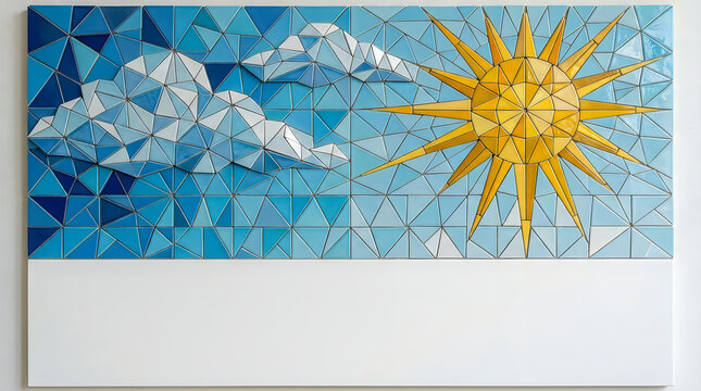 Mosaic art of sun and clouds on blue sky with white space for text
