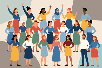 Obraz premium Large group of diverse women standing together, waving and interacting in a scene of community and support for social representation.
