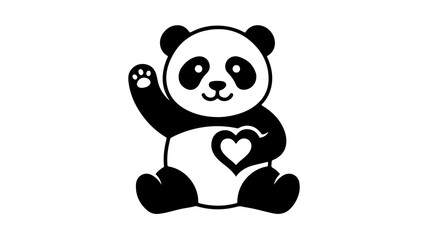 Cute panda illustration featuring sitting panda waving one paw and holding a heart shape on its belly in black and white design © Tarieq