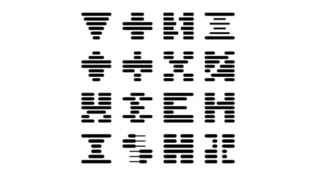 I Ching hexagrams illustration featuring twelve traditional trigrams and hexagrams arranged in a grid pattern of black horizontal lines design