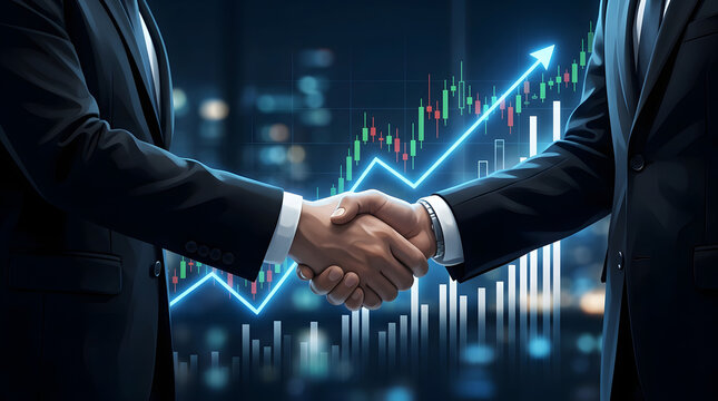 Business Partners Handshake Over Financial Data Charts and Stock Market Growth in Modern Office