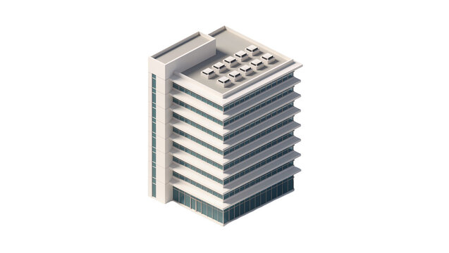 Isolated contemporary isometric office building with multiple floors and rooftop ventilation units
