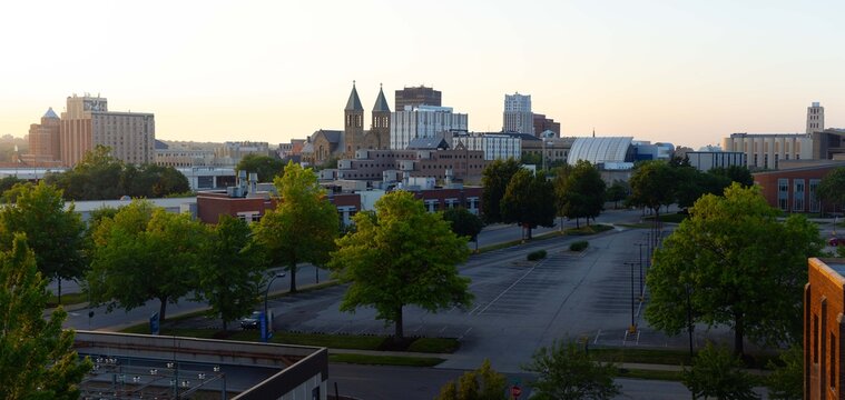 Akron, Ohio Aerial Skyline During Sunset