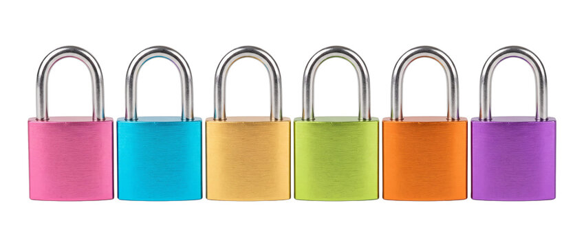 Colorful padlock row security locks lined up on black background for safety protection. Six metallic multi colored padlocks representing cybersecurity, data encryption, and access control privacy.