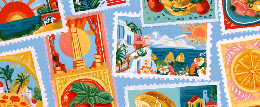 A colorful postage stamp display showcasing summer in Capri or Sardinia, Italy, with scenes of sun and food.