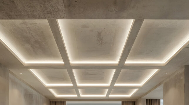 Modern interior design featuring a coffered ceiling with integrated LED lighting.