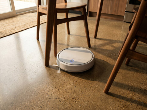 Robot aspirateur blanc nettoyant le sol d'un salon moderne sous une chaise