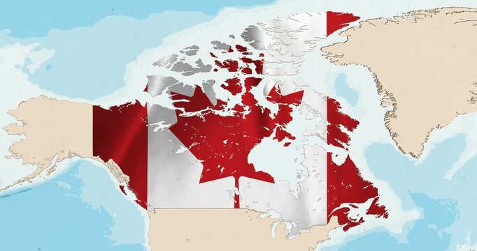 Motion graphic video of the canada flag waving inside the country on a world map