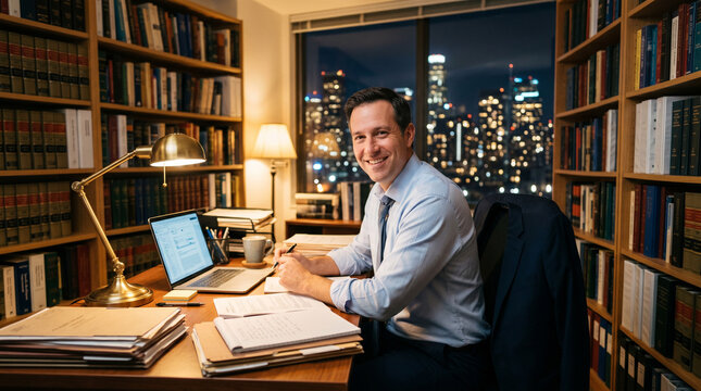 Avocat souriant assis &agrave; son bureau devant sa biblioth&egrave;que la nuit