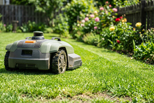 Robot tondeuse automatique coupant la pelouse d'un jardin fleuri
