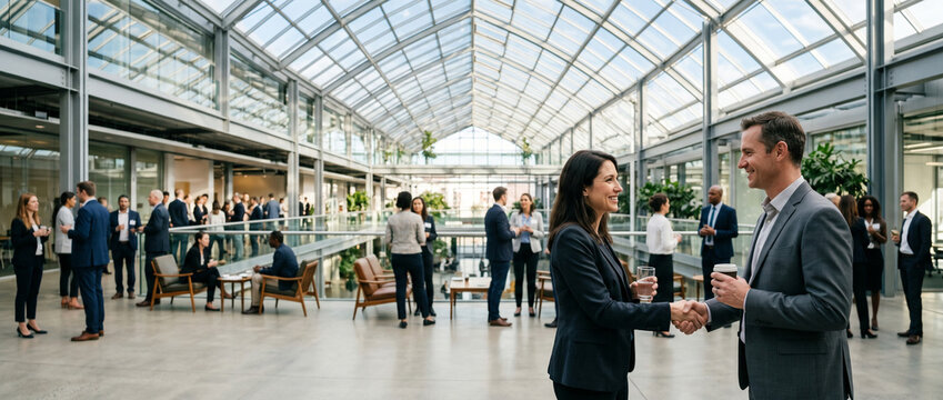 Professionnels se serrant la main lors d'un &eacute;v&eacute;nement d'affaires dans un hall moderne