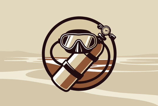 Scuba diving equipment illustration featuring a mask tank and regulator set against a desert landscape background graphic.