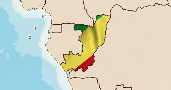 Motion graphic video of the congo flag waving inside the country on a world map