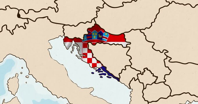 Motion graphic video of the croatia flag waving inside the country on a world map