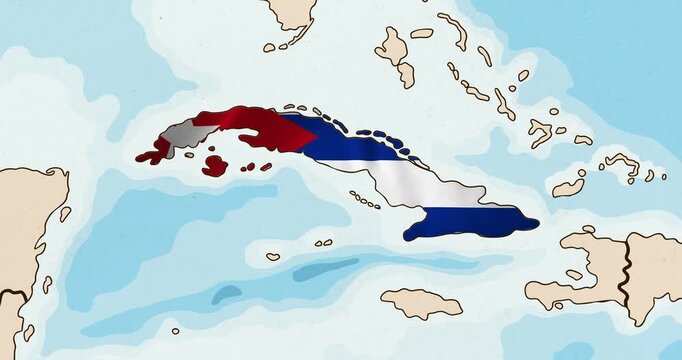 Motion graphic video of the cuba flag waving inside the country on a world map