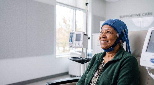 African American woman wearing cooling cap during chemotherapy treatment in medical clinic. Senior patient smiling while receiving cancer therapy to prevent hair loss. Oncology care.