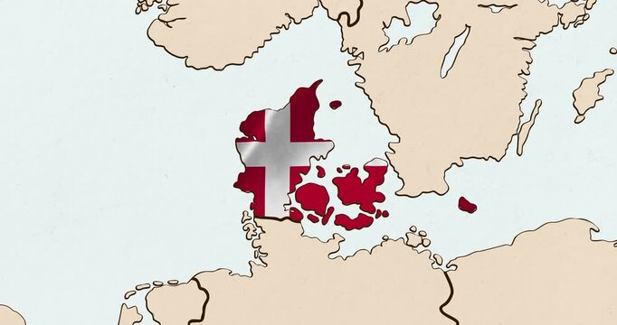 Motion graphic video of the denmark flag waving inside the country on a world map