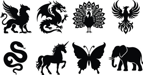 Fototapeta premium Black Animal and Mythical Creature Silhouette Icon Set Featuring Griffin Dragon Phoenix Peacock Unicorn Butterfly Snake and Elephant