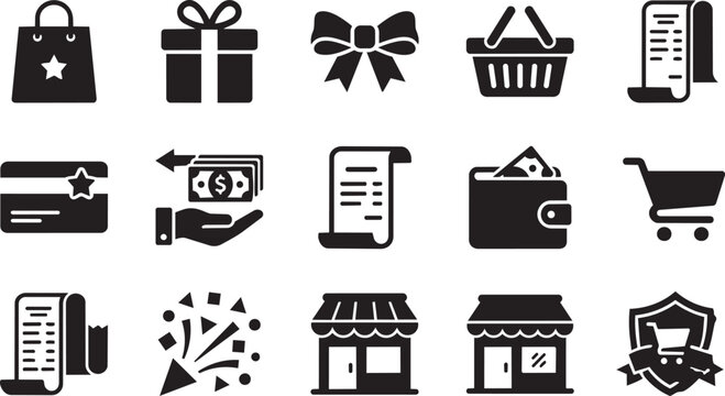 E-commerce, shopping, finance icons, 16 black vector graphics, business symbols, payment, retail, commerce signs