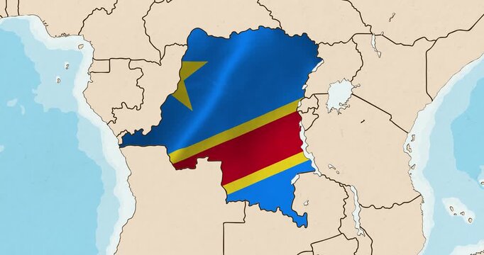 Motion graphic video of the democratic republic of congo flag waving inside the country on a world map