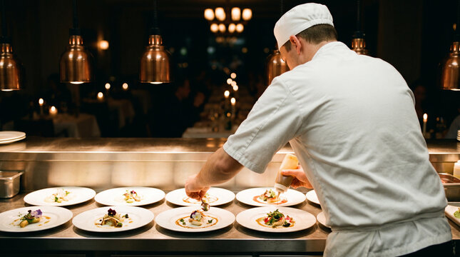 Chef cuisinier dressant des assiettes gastronomiques dans une cuisine professionnelle