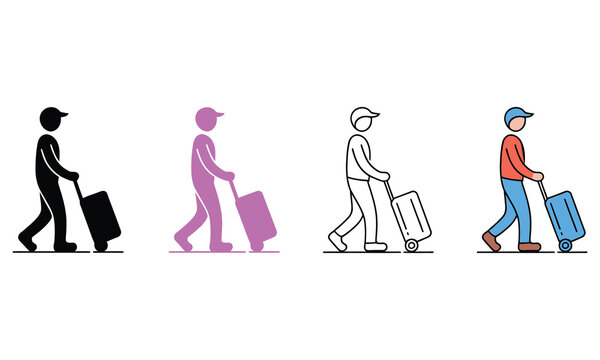 Four colorful illustrations of people walking and pulling rolling suitcases in travel scene
