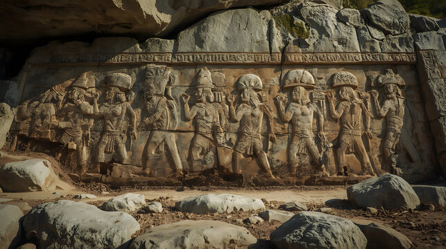 Ancient Persian bas-relief carving depicting a procession of figures with distinctive headdresses, set against a rocky natural backdrop.