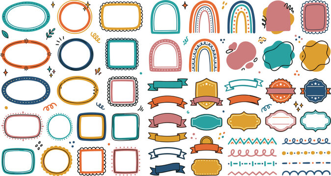 Hand Drawn Boho Frame and Border Vector Set with Rainbows, Ribbons, and Abstract Shapes for Scrapbooking, Wedding Stationery, and Trendy Social Media Graphic Designs