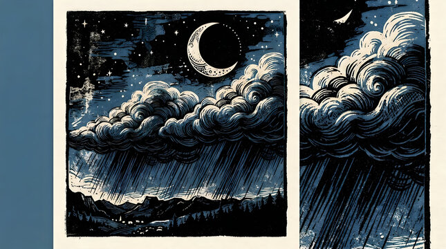 Nighttime scene with rain clouds and crescent moon in the sky landscape