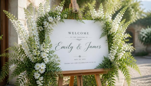 There is a sign that says welcome to the wedding of emily and james