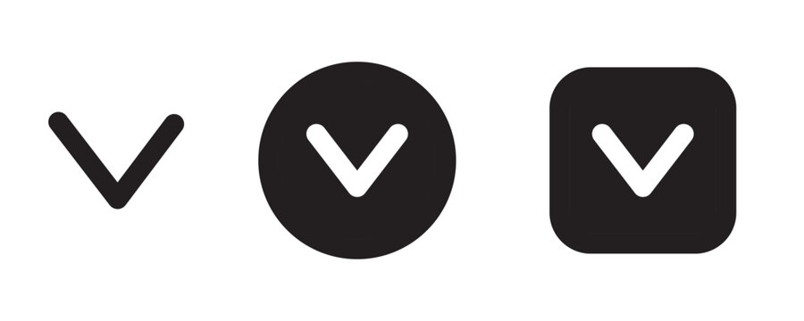 Chevron down icon set featuring dropdown and expand more symbols in standalone, circle and rounded square styles. Navigation controls for menus, accordions, selection and interface interaction.