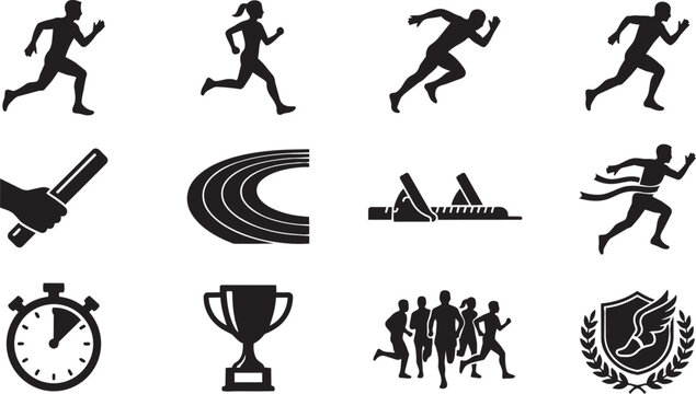 Sports icons, athletic symbols, running, track and field, competition graphics, 12 black vector icons