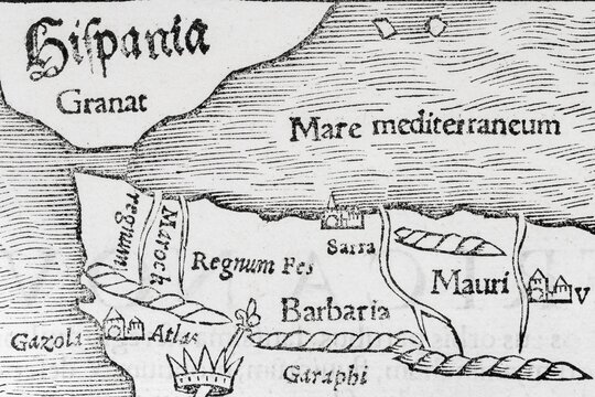 Spain and North Africa, detail, earliest printed map of the entire African continent, woodcut by Sebastian M&uuml;nster from Cosmographia Universalis, Basel 1550, Switzerland