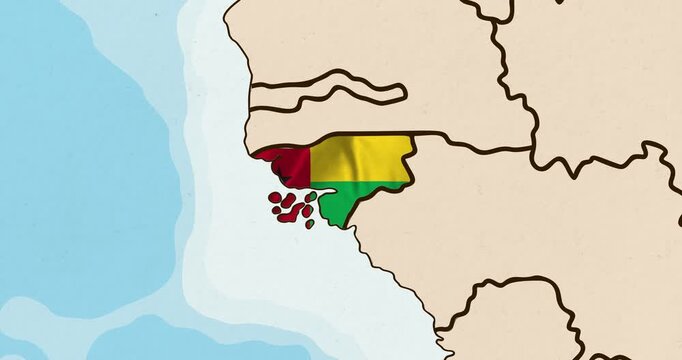 Motion graphic video of the guinea bissau flag waving inside the country on a world map