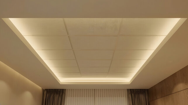Modern false ceiling design with recessed LED strip lighting creating a warm ambient glow in a contemporary interior space.