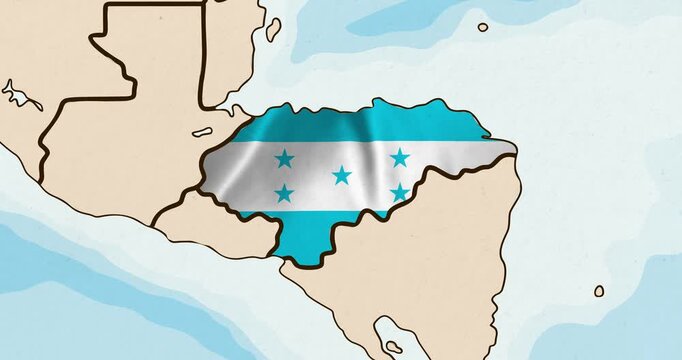 Motion graphic video of the honduras flag waving inside the country on a world map