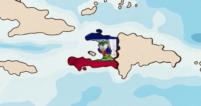 Motion graphic video of the haiti flag waving inside the country on a world map