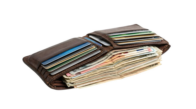 Brown leather wallet with cards and cash isolated on transparent background