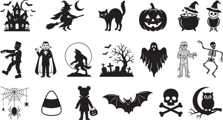 Fototapeta premium Spooky halloween silhouettes vector collection for seasonal decorations party supplies and digital designs