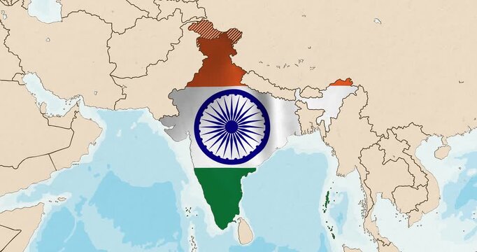 Motion graphic video of the india flag waving inside the country on a world map