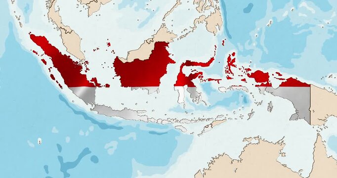 Motion graphic video of the indonesia flag waving inside the country on a world map