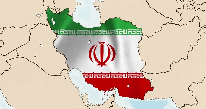 Motion graphic video of the iran flag waving inside the country on a world map