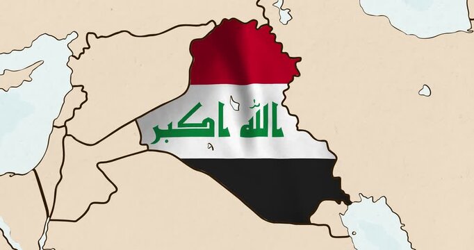 Motion graphic video of the iraq flag waving inside the country on a world map